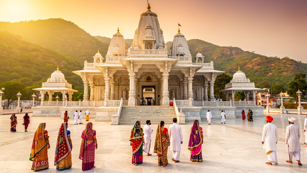 Ambaji Temple complex at golden hour with Aravalli hills backdrop
