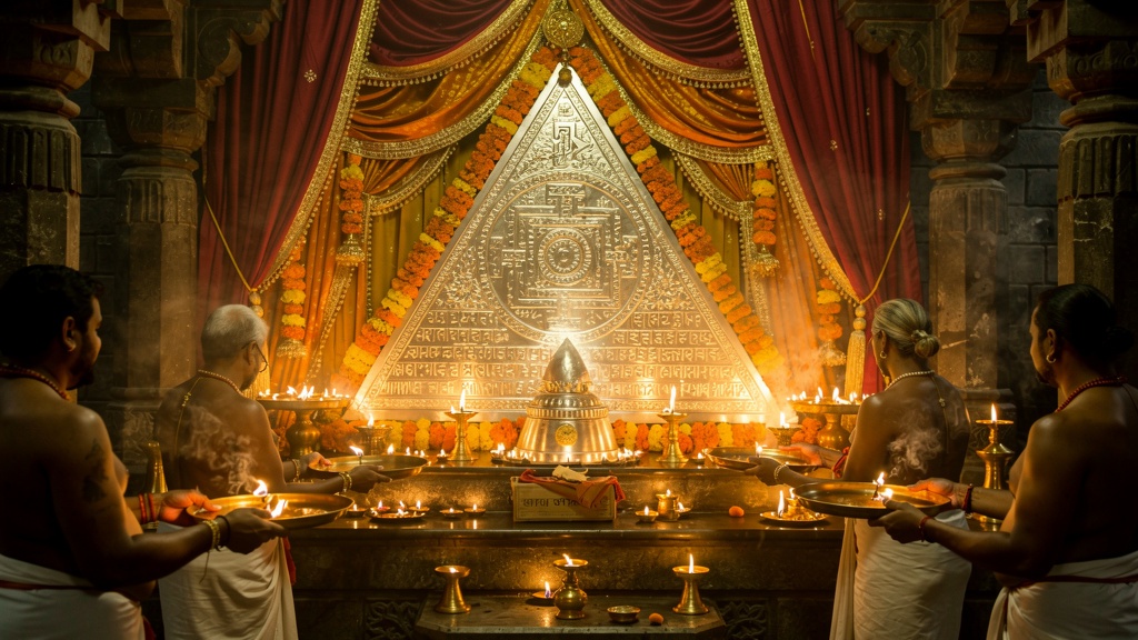 Priests performing aarti at Ambaji Temple Viso Yantra